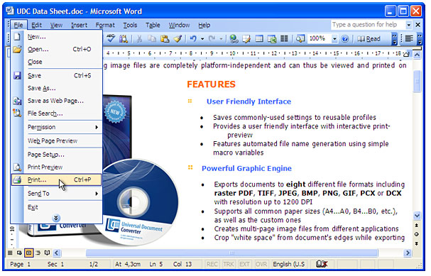 Open the DOC-file in Microsoft Word and press "File->Print..." in application main menu.